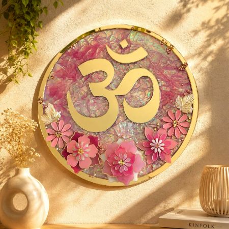 Handcrafted Om Resin Wall Decor with Acrylic Floral Art Round Plaque